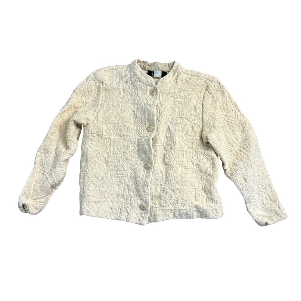 Orvis Womens Quilted Textured Button Front Jacket Off White Cream Stand Collar